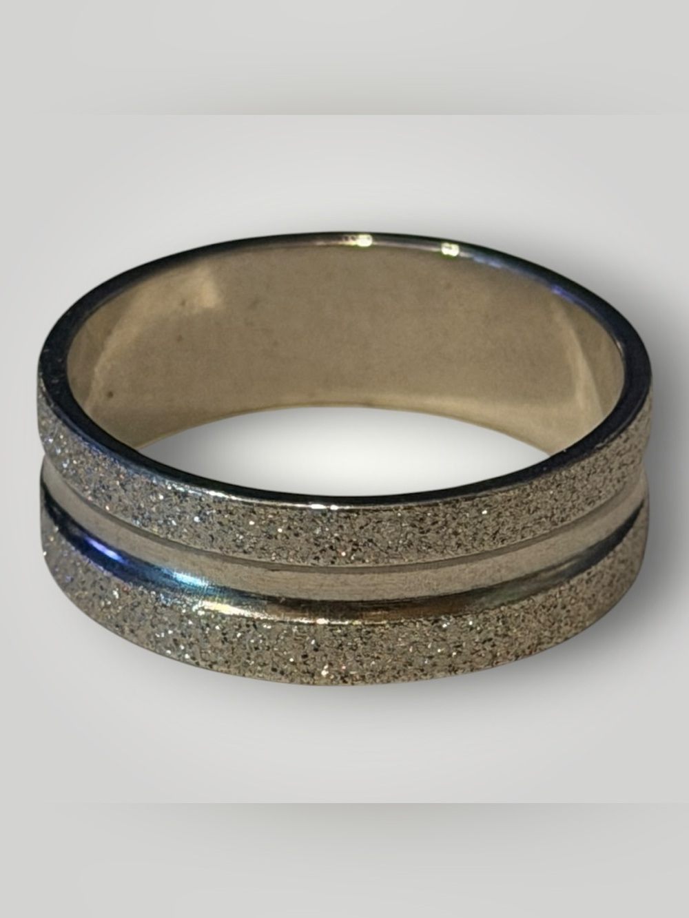 Sterling Silver-Tone Glitter Band Ring - unisex size 9 stainless steel